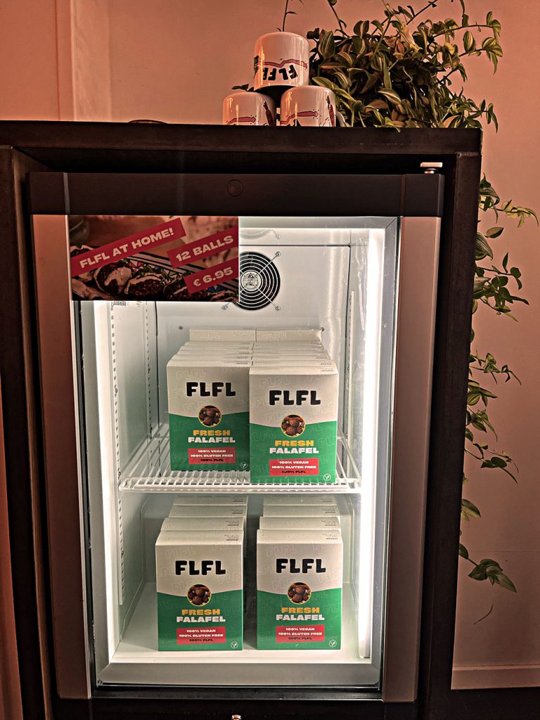 FLFL fridge with boxes of falafel for home